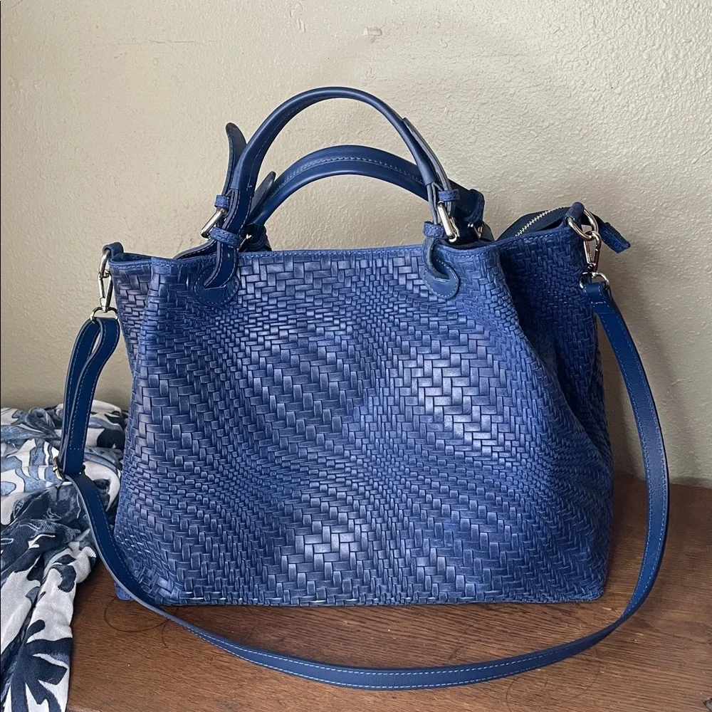 Awesome Statement Bag - Large Woven Blue Leather Tote/Travel - Tulipani Leather - Picture 14 of 16